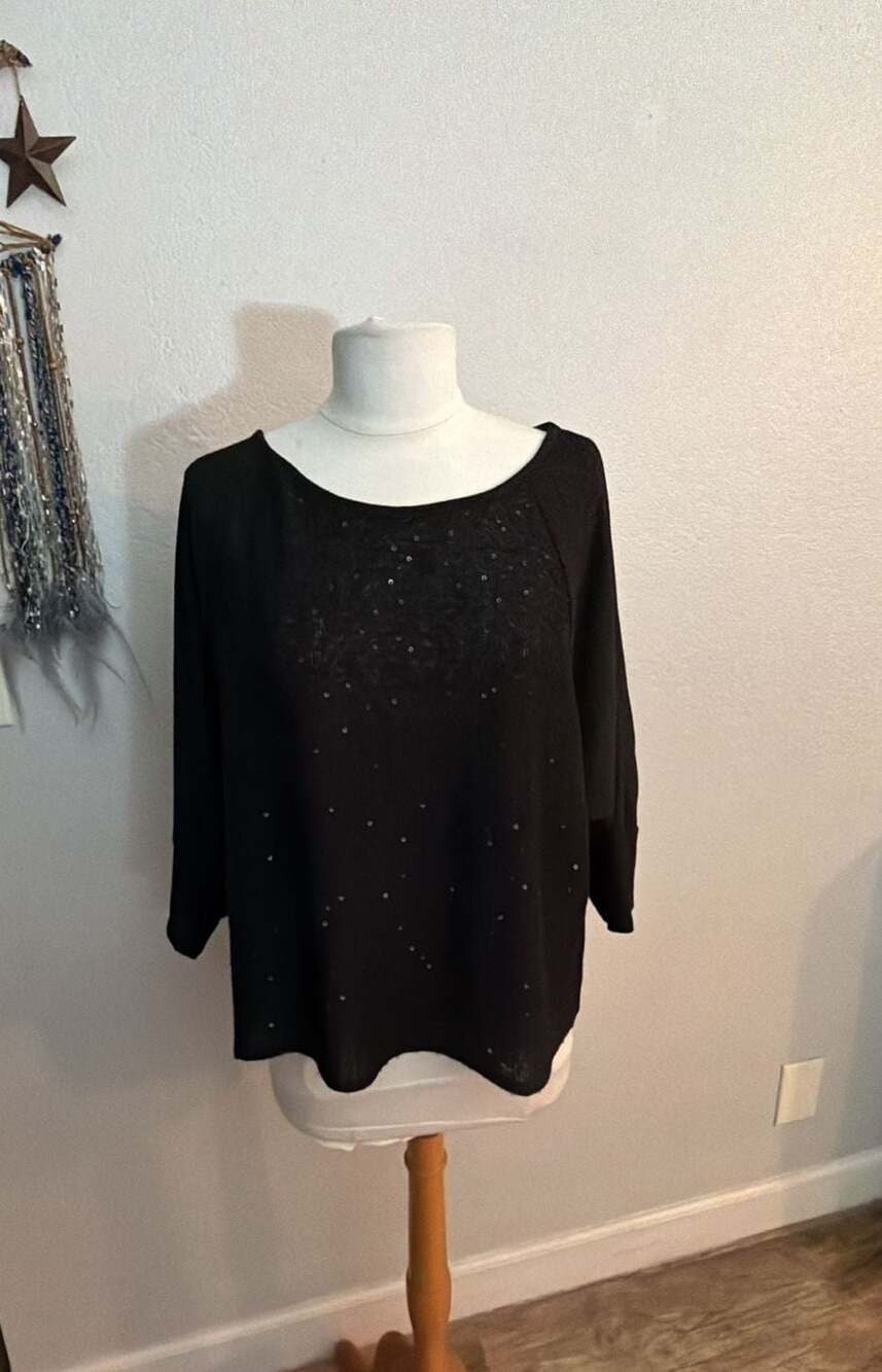Alyx Black Knit Sequin Embellished 3/4 Sleeve Top